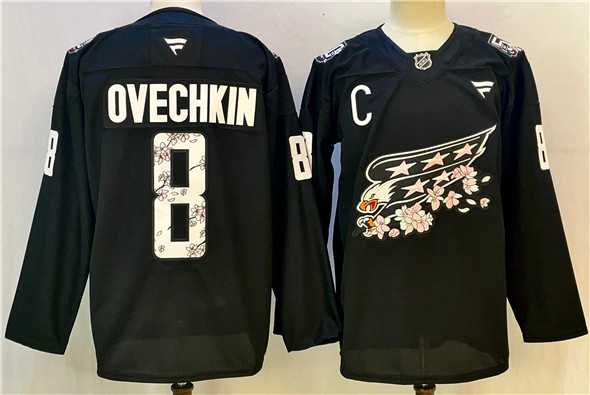 Men%27s Washington Capitals #8 Alex Ovechkin Black Cherry Blossom With C Patch Stitched Jersey
